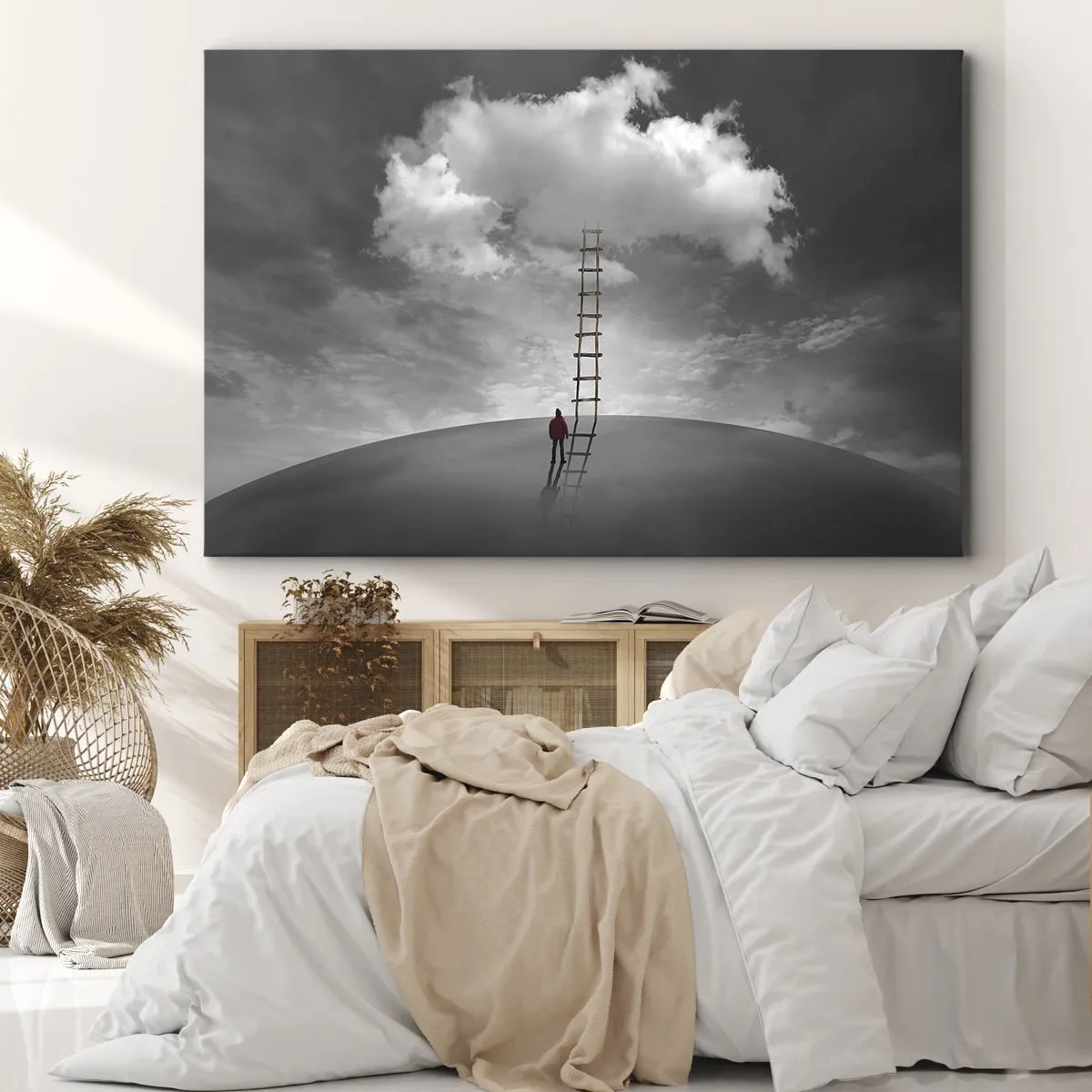 Obraz na płótnie - Osoba w czerwonym płaszczu i drabina prowadząca do chmury - 70x50cm - Wszystko możliwe - Nowoczesna dekoracja ścienna do salonu i sypialni ARTTOR