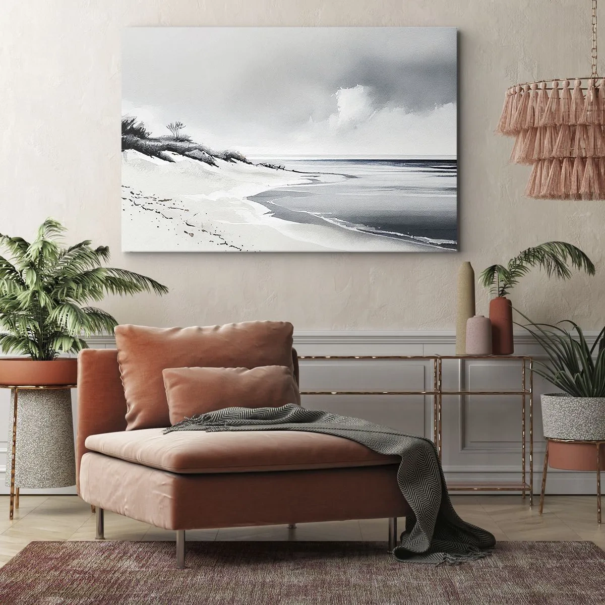 Obraz na płótnie - Plaża w stonowanych odcieniach szarości i błękitu - 70x50cm - Od zawsze razem - Nowoczesna dekoracja ścienna do salonu i sypialni ARTTOR