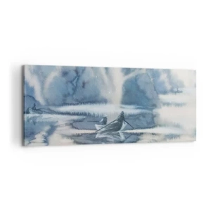 Obraz na płótnie - Akwarelowy krajobraz z łodziami na jeziorze otoczonym mglistym lasem - 120x50cm - Wędkarze w swoim raju - Nowoczesna dekoracja ścienna do salonu i sypialni ARTTOR