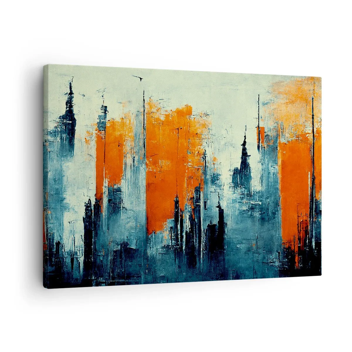 Obraz na płótnie - Abstrakcyjny pejzaż miejski w odcieniach pomarańczu i błękitu - 70x50cm - Pejzaż nowoczesny - Nowoczesna dekoracja ścienna do salonu i sypialni ARTTOR