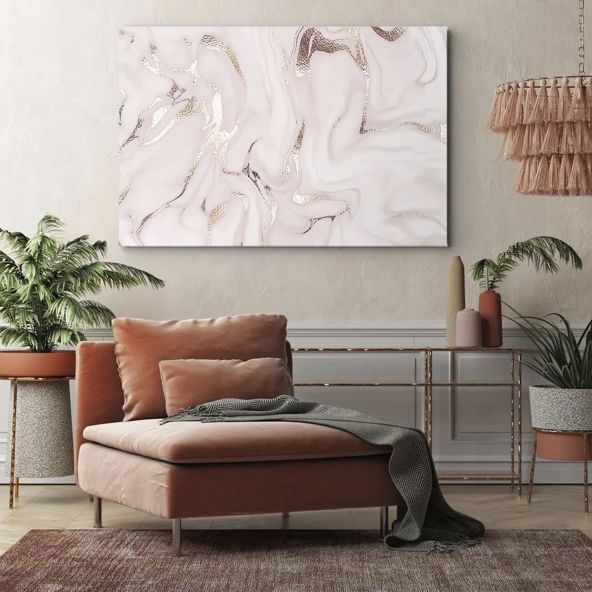 Obraz na płótnie - Elegancka abstrakcja w odcieniach różu i złota - 120x80cm - W różowym szale - Nowoczesna dekoracja ścienna do salonu, kuchni i sypialni ARTTOR