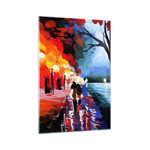 Obraz na szkle - Jesienny spacer alejką z widokiem na wodę - 70x100cm - Płomienna jesień w parku - Nowoczesna dekoracja ścienna do salonu i sypialni ARTTOR