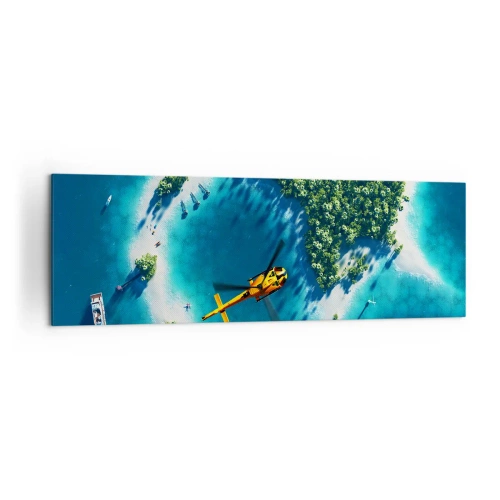 Obraz na płótnie - Tropikalna wyspa otoczona turkusową wodą z widocznym helikopterem - 160x50cm - Kup sobie wyspę - Nowoczesna dekoracja ścienna do salonu i sypialni ARTTOR