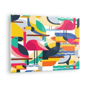 Obraz na szkle - Abstrakcyjna ilustracja kolorowych ptaków w geometrycznym stylu - 70x50cm - Ptasie party - Nowoczesna dekoracja ścienna do salonu i sypialni ARTTOR