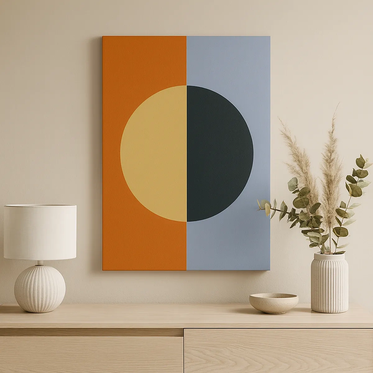 Obraz na płótnie - Geometryczna kompozycja z kołem na podzielonym tle w kolorach pomarańczowym i niebieskim - 50x70cm - Kompozycja ciepła i chłodu - Nowoczesna dekoracja ścienna do salonu, kuchni i sypialni ARTTOR