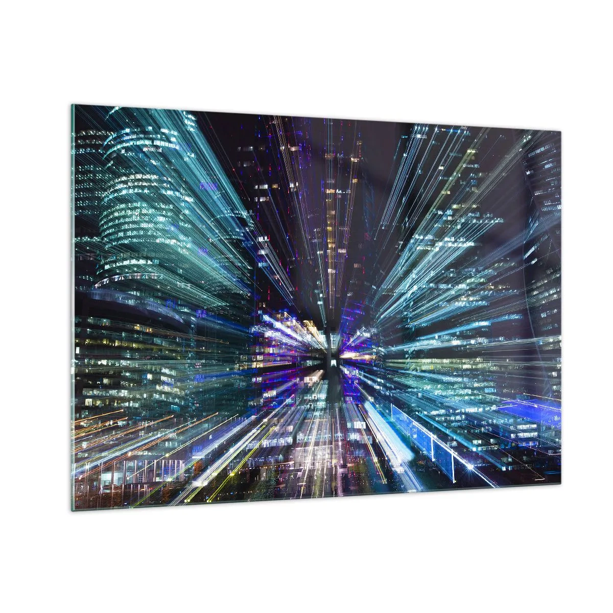 Obraz na szkle - Dynamiczne linie świetlne na tle nocnego miasta - 100x70cm - Przejście w nadprzestrzeń - Nowoczesna dekoracja ścienna do salonu, kuchni i sypialni ARTTOR
