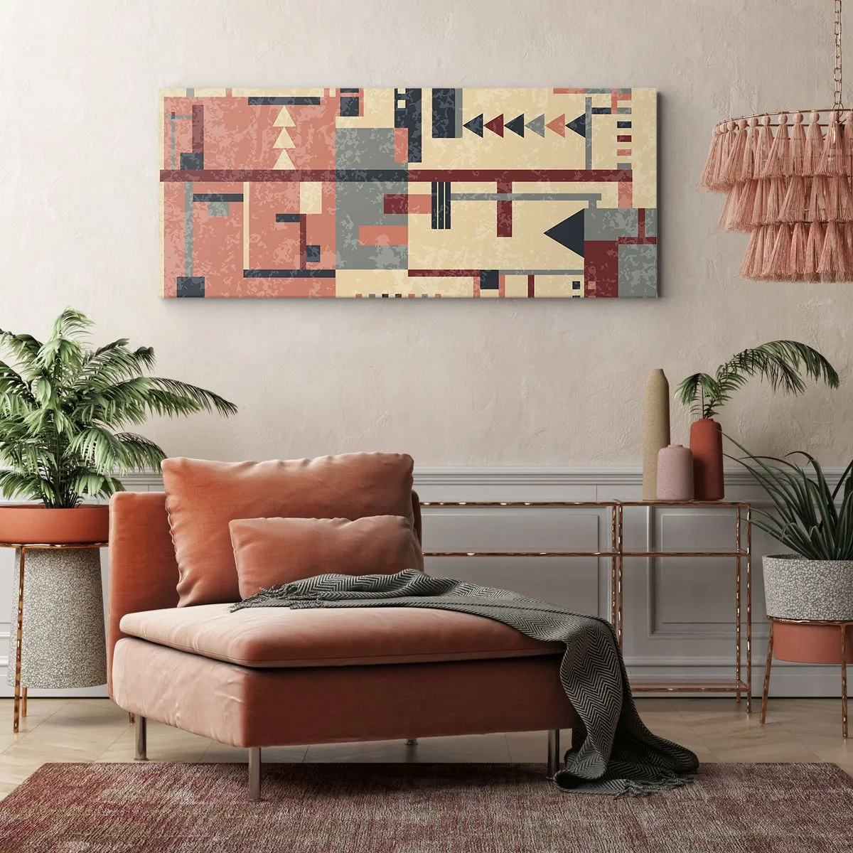Obraz na płótnie - Geometryczny wzór w pastelowych odcieniach beżu, czerwieni i szarości - 120x50cm - Kombinacja pionów i poziomów - Nowoczesna dekoracja ścienna do salonu i sypialni ARTTOR