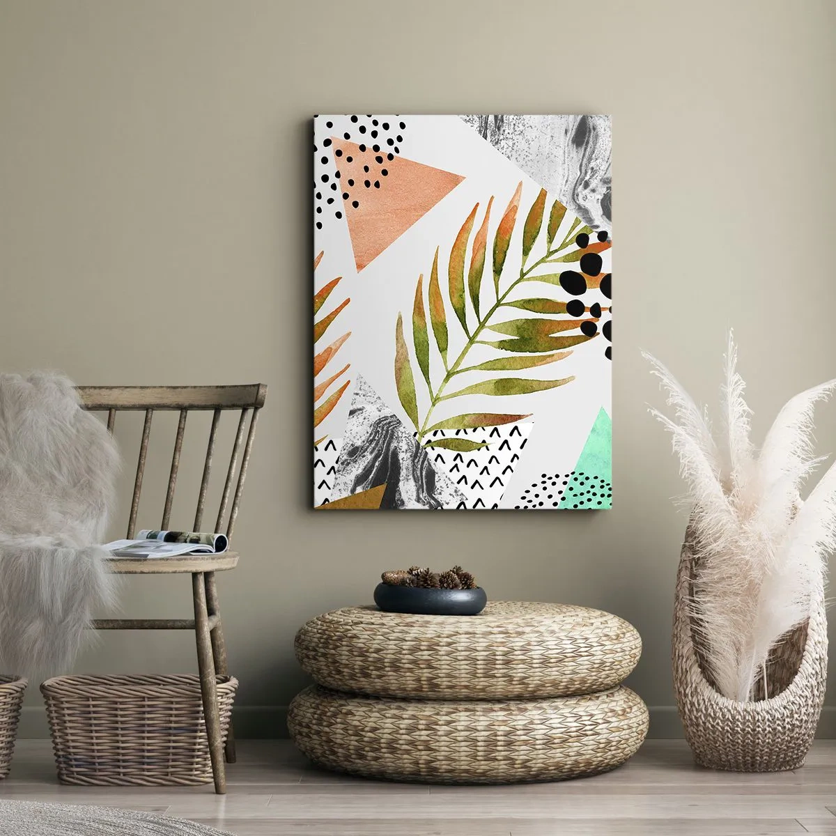 Obraz na płótnie - Abstrakcyjna kompozycja z liściem palmy - 50x70cm - Dekoracja z palmowym liściem - Nowoczesna dekoracja ścienna do salonu, kuchni i sypialni ARTTOR
