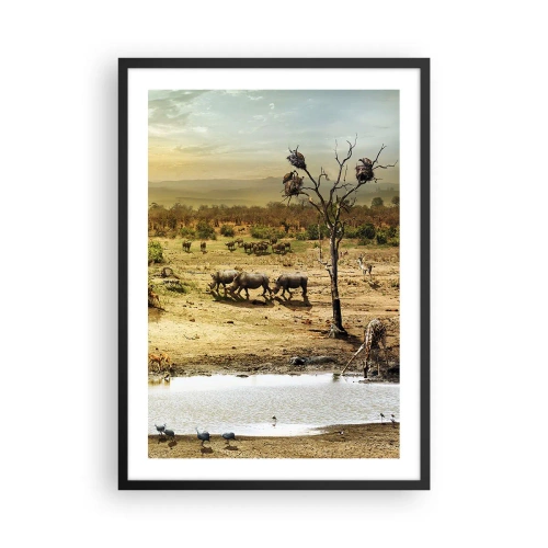 Plakat w czarnej ramie - Sawanna z nosorożcami i wodopojem - 50x70cm - "Z Edenu zaś wypływała rzeka…" - Nowoczesna dekoracja ścienna do salonu i sypialni ARTTOR