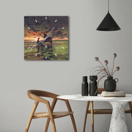 Zegar ścienny - Pianino na brzegu morza przy zachodzie słońca z ptakami - 30x30cm - Koncert na fortepian i fale - Nowoczesna dekoracja ścienna do salonu i sypialni ARTTOR