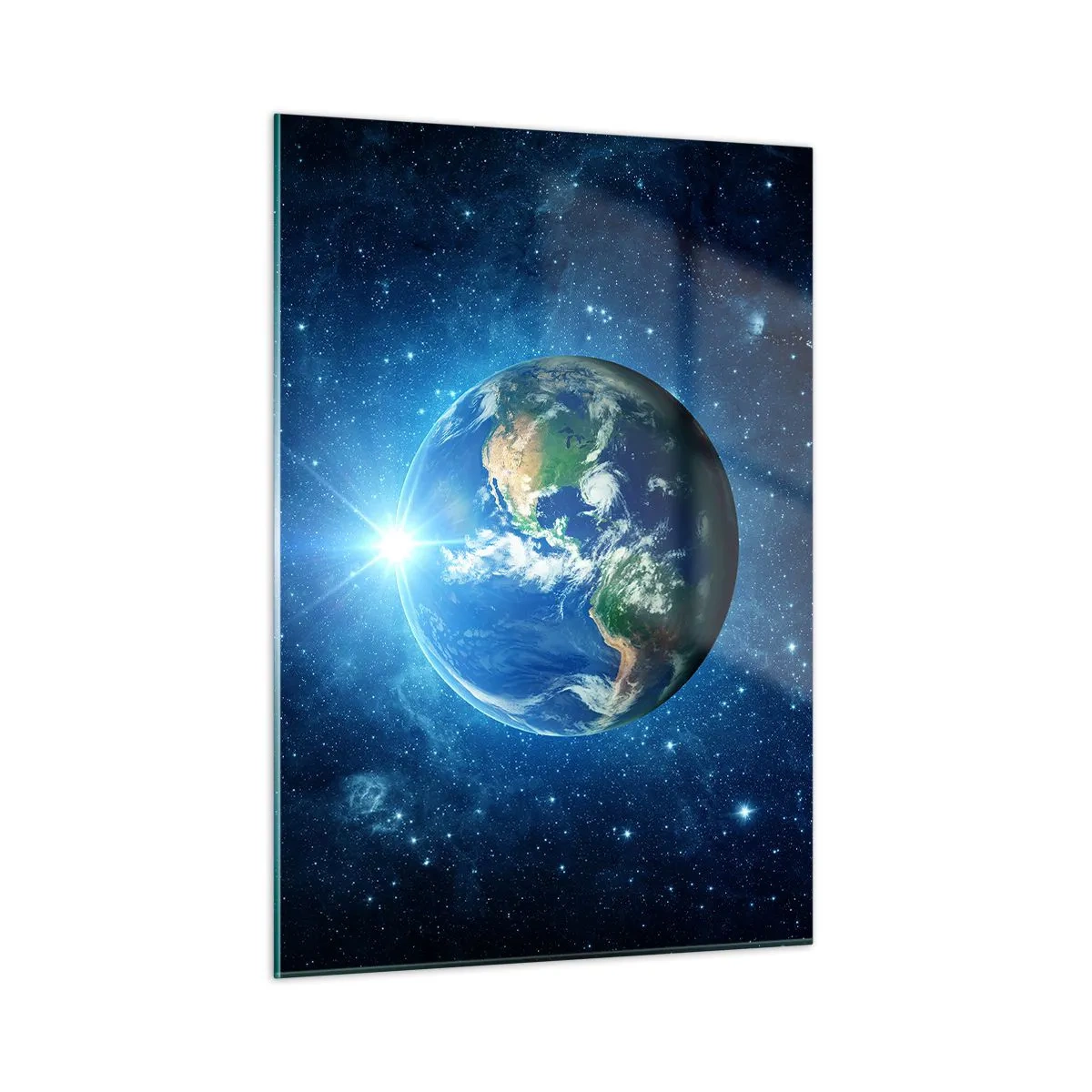 Obraz na szkle - Ziemia widziana z kosmosu z promieniami światła - 50x70cm - Jesteśmy w niebie - Nowoczesna dekoracja ścienna do salonu, kuchni i sypialni ARTTOR