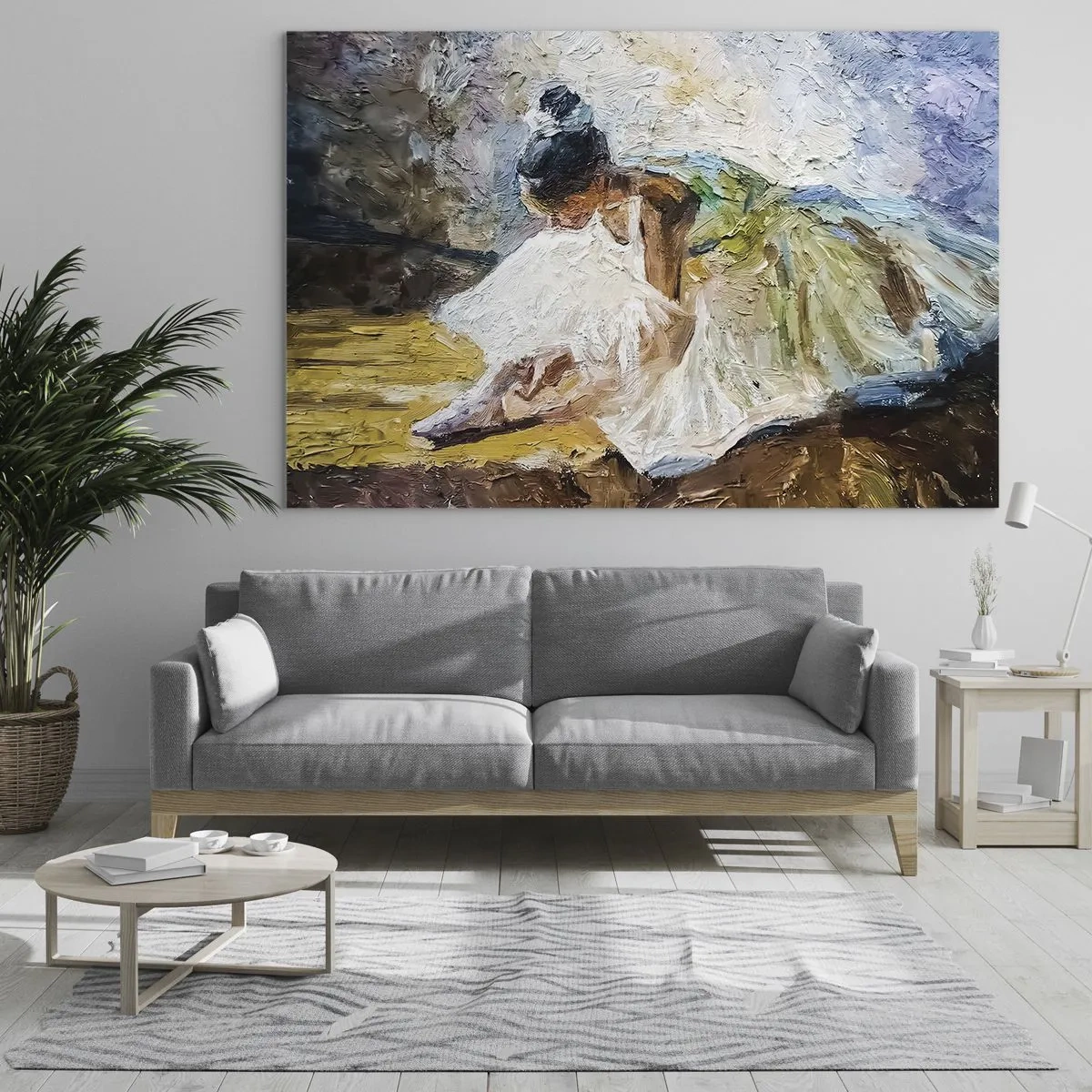 Obraz na szkle - Baletnica pochylona w białej sukni malowana fakturą olejną - 70x50cm - Z obrazu Degasa - Nowoczesna dekoracja ścienna do salonu i sypialni ARTTOR