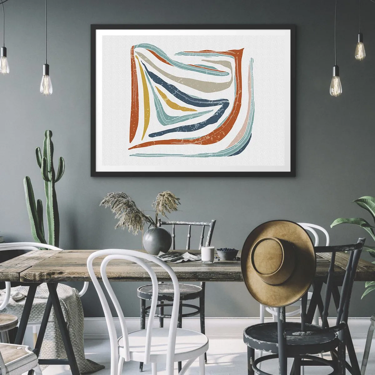 Plakat w czarnej ramie - Kolorowe, dynamiczne linie w odcieniach błękitu, pomarańczu i beżu - 70x50cm - Abstrakcja przyjaźnie uśmiechnięta - Nowoczesna dekoracja ścienna do salonu i sypialni ARTTOR