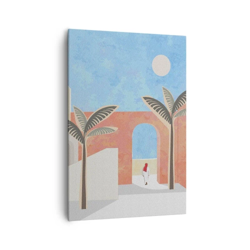 Obraz na płótnie - Minimalistyczna ilustracja architektury z palmami w pastelowych kolorach - 70x100cm - Arabski dzień - Nowoczesna dekoracja ścienna do salonu i sypialni ARTTOR