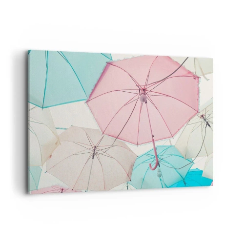 Obraz na płótnie - Pastelowe parasolki na tle jasnego nieba - 100x70cm - Czasem słońce, czasem deszcz - Nowoczesna dekoracja ścienna do salonu, kuchni i sypialni ARTTOR