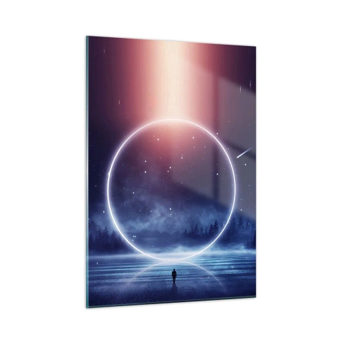 Obraz na szkle - Świetlisty krąg nad jeziorem wśród nocnego nieba i lasu - 50x70cm - Już tu są… - Nowoczesna dekoracja ścienna do salonu, kuchni i sypialni ARTTOR