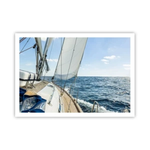 Plakat - Żaglówka na spokojnym morzu pod błękitnym niebem - 100x70cm - Ahoj, przygodo - Nowoczesna dekoracja ścienna do salonu i sypialni ARTTOR