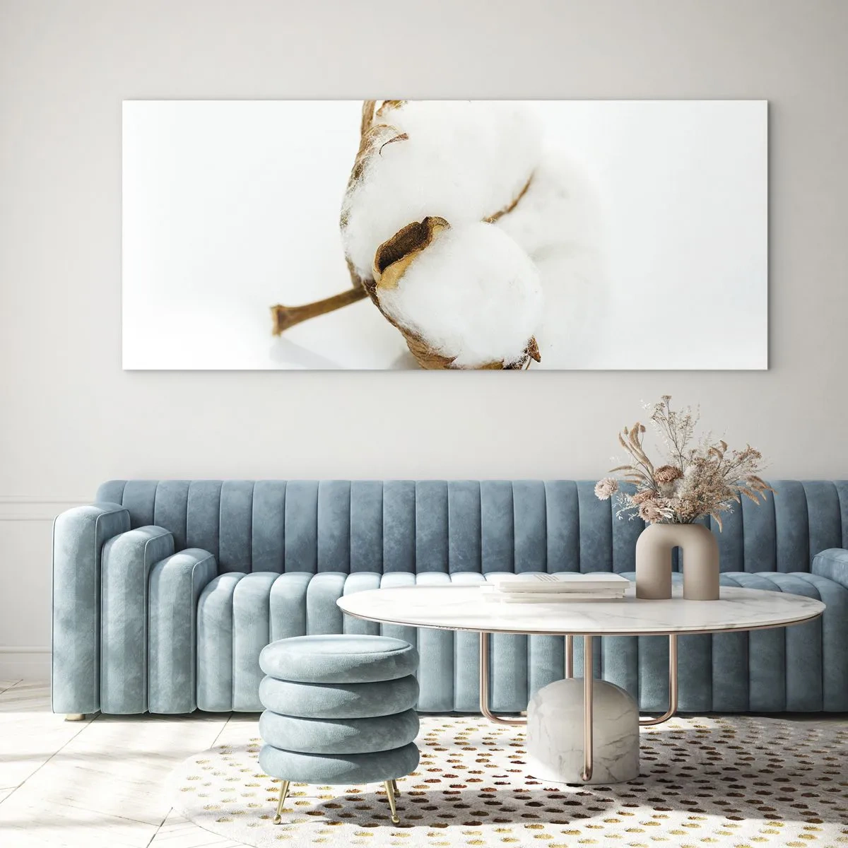 Obraz na szkle - Gałązka bawełny na jasnym tle w minimalistycznym ujęciu - 160x50cm - Miękka z natury - Nowoczesna dekoracja ścienna do salonu i sypialni ARTTOR