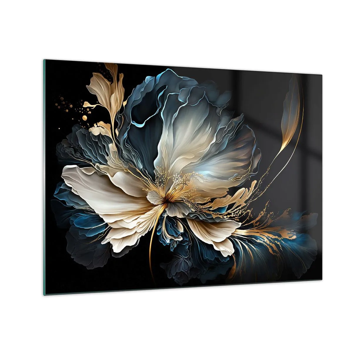 Obraz na szkle - Fantazyjny kwiat w odcieniach złota, granatu i beżu na czerni - 70x50cm - Baśniowy kwiat paproci - Nowoczesna dekoracja ścienna do salonu i sypialni ARTTOR