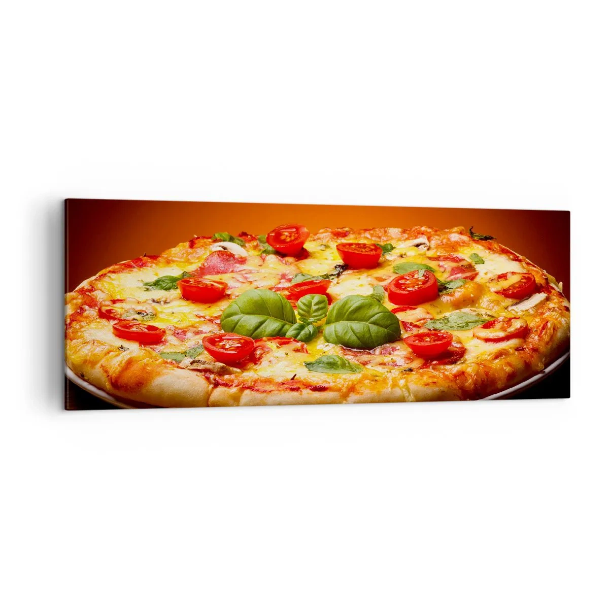 Obraz na płótnie - Pizza z pomidorami i bazylią na drewnianym stole - 140x50cm - Mamma mia! - Nowoczesna dekoracja ścienna do salonu i sypialni ARTTOR