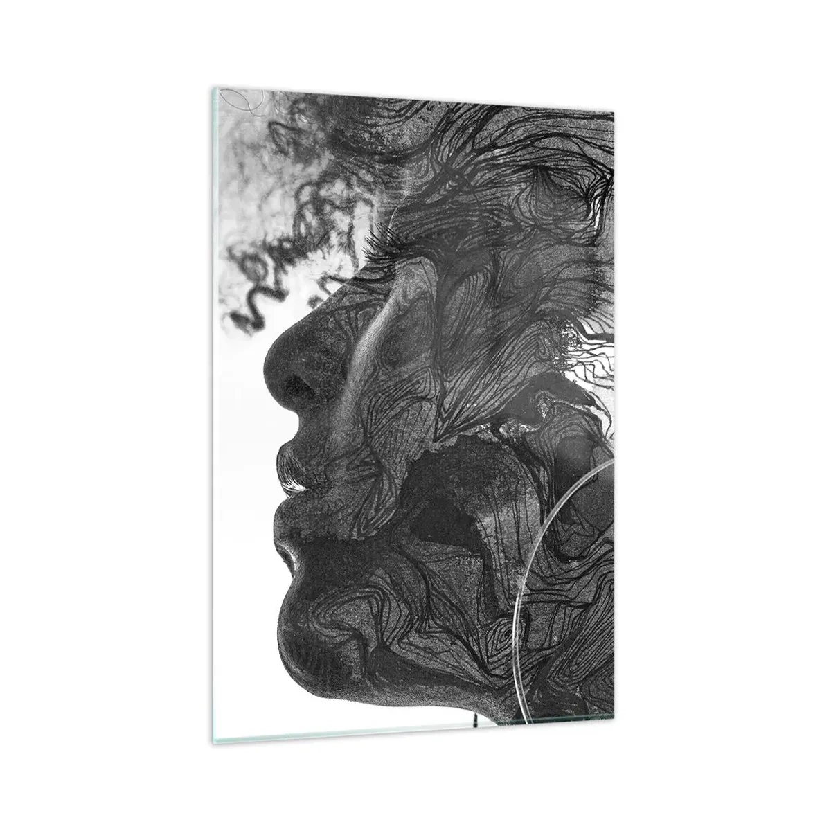 Obraz na szkle - Abstrakcyjna twarz w czerni i bieli z dynamicznymi liniami - 80x120cm - Zaplątana w marzeniach - Nowoczesna dekoracja ścienna do salonu i sypialni ARTTOR