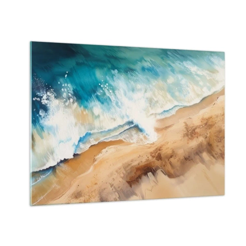 Obraz na szkle - Błękitna morska fala rozbijająca się o piaszczysty brzeg z lotu ptaka - 70x50cm - Powracająca fala - Nowoczesna dekoracja ścienna do salonu i sypialni ARTTOR