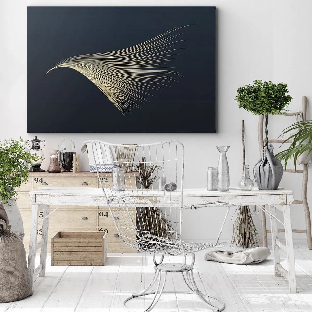 Obraz na płótnie - Delikatna linia przypominająca pióro na granatowym tle - 70x50cm - Jak anioła włos - Nowoczesna dekoracja ścienna do salonu i sypialni ARTTOR
