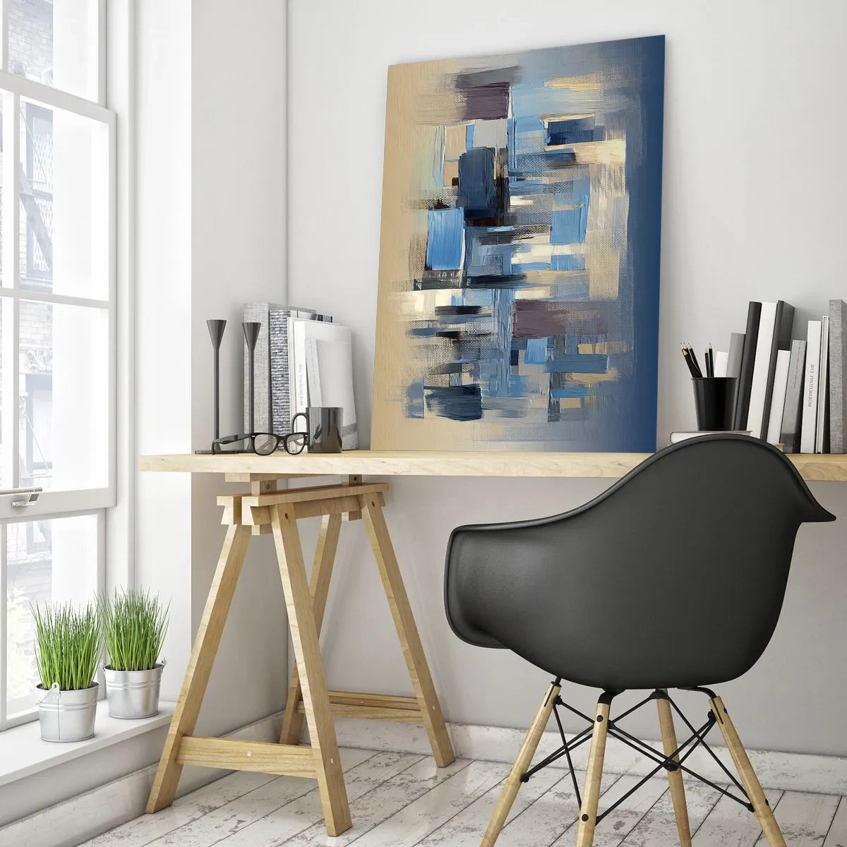 Obraz na szkle - Geometryczne pociągnięcia pędzla w odcieniach błękitu i beżu - 50x70cm - Błękitna konstrukcja - Nowoczesna dekoracja ścienna do salonu, kuchni i sypialni ARTTOR