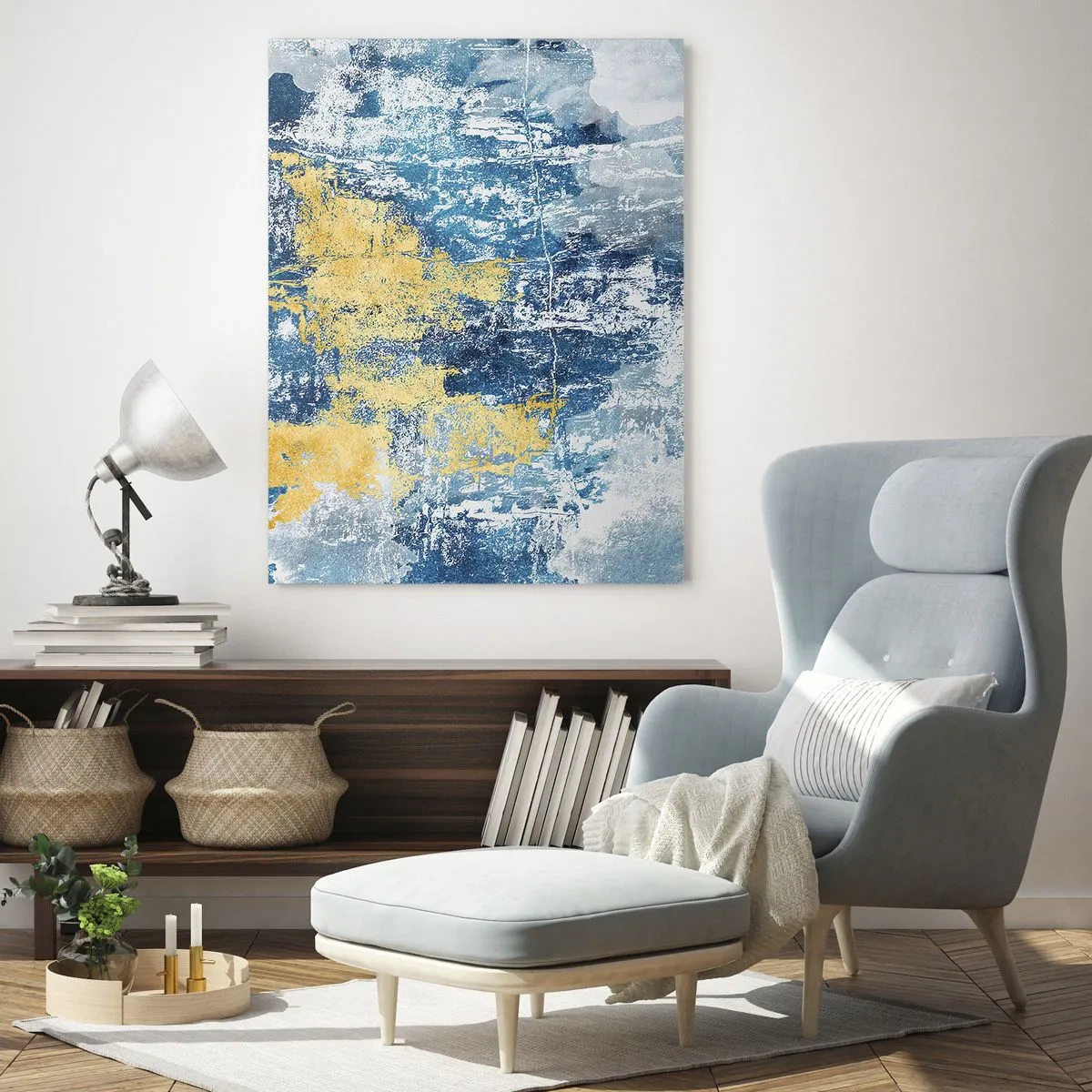 Obraz na szkle - Abstrakcja w odcieniach niebieskiego i żółtego - 70x100cm - Abstrakcja pełna pogody - Nowoczesna dekoracja ścienna do salonu i sypialni ARTTOR