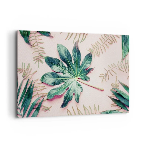 Obraz na płótnie - Tropikalne liście na jasnym pastelowym tle - 120x80cm - Studium zieleni na różowym tle - Nowoczesna dekoracja ścienna do salonu, kuchni i sypialni ARTTOR