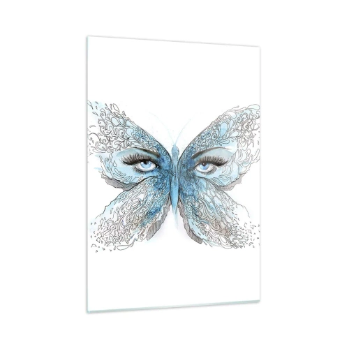 Obraz na szkle - Motyl z błękitnymi skrzydłami i ludzkimi oczami w artystycznym stylu - 50x70cm - Modraszek eros - Nowoczesna dekoracja ścienna do salonu, kuchni i sypialni ARTTOR