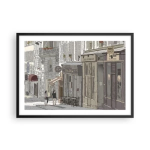 Plakat w czarnej ramie - Ilustracja ulicy miejskiej z kawiarniami i sklepami - 70x50cm - Miejskie radości - Nowoczesna dekoracja ścienna do salonu i sypialni ARTTOR