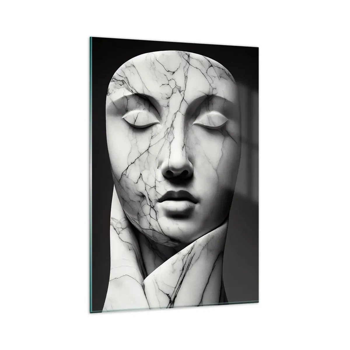 Obraz na szkle - Minimalistyczny portret kobiecej twarzy z efektem marmuru w czerni i bieli - 80x120cm - Marmurowe kształty - Nowoczesna dekoracja ścienna do salonu i sypialni ARTTOR