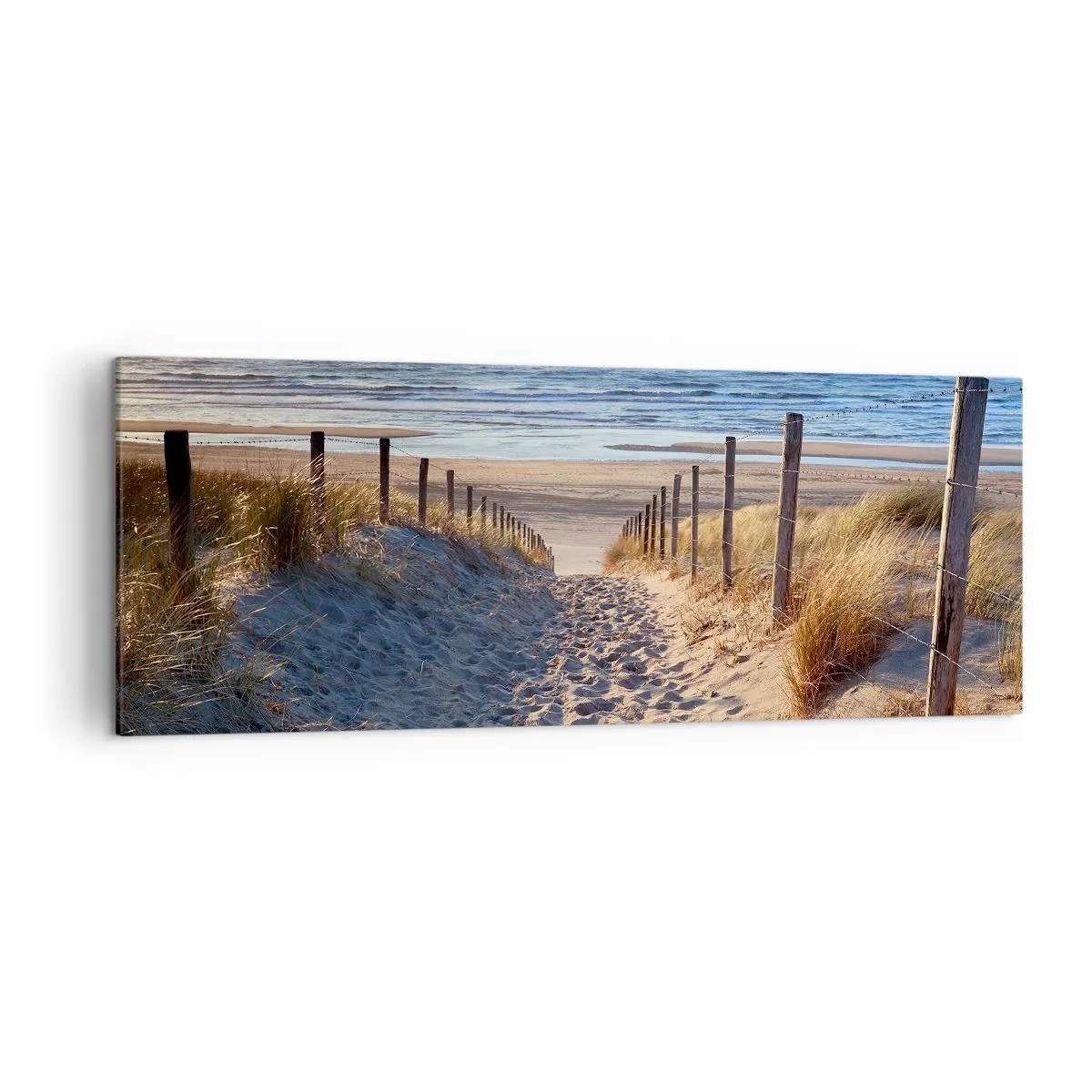 Obraz na płótnie - Ścieżka przez wydmy prowadząca na plażę - 140x50cm - Morza szum, ptaków śpiew, dzika plaża pośród traw… - Nowoczesna dekoracja ścienna do salonu i sypialni ARTTOR