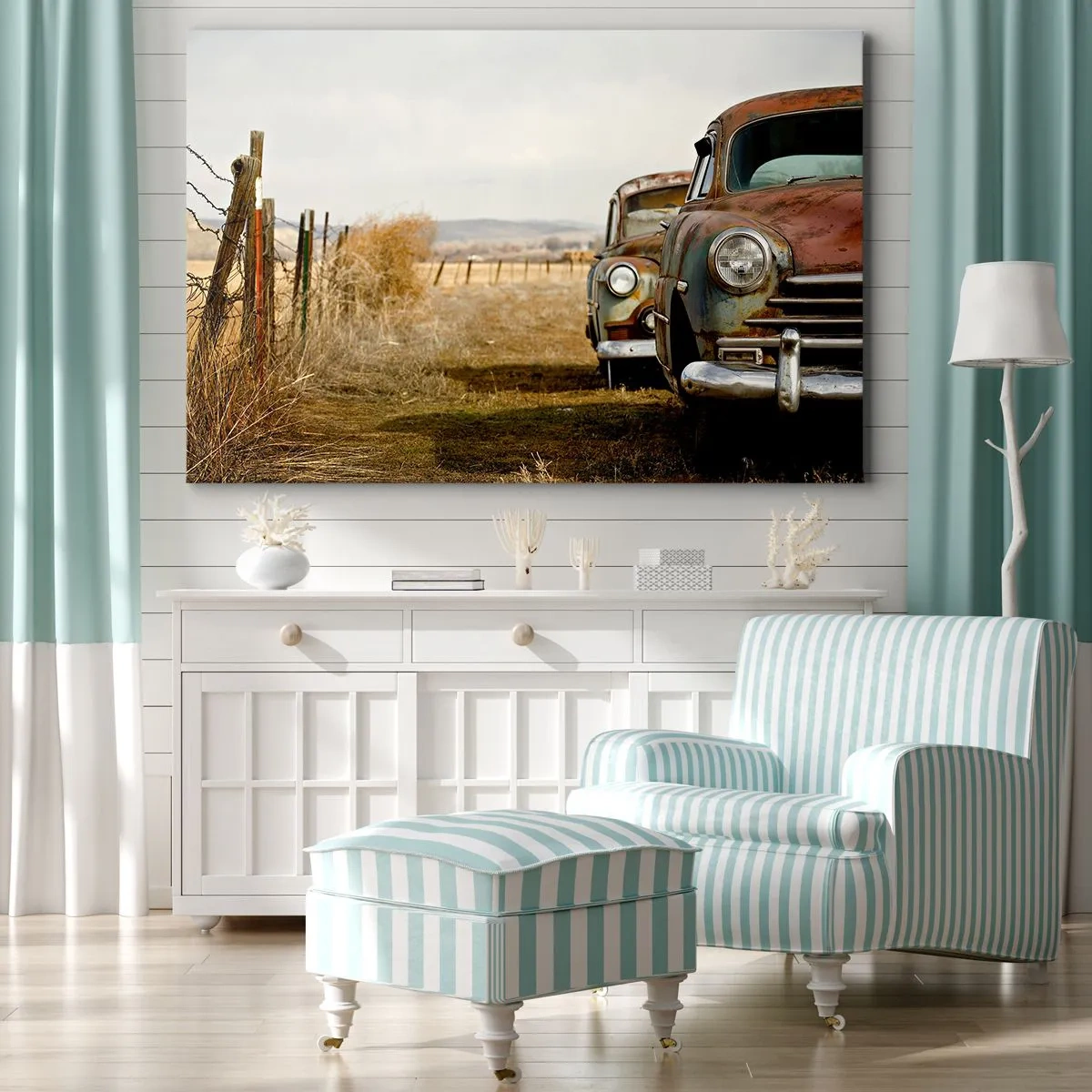 Obraz na płótnie - Dwa stare samochody na polnej drodze przy drewnianym płocie - 70x50cm - Zasłużony odpoczynek - Nowoczesna dekoracja ścienna do salonu i sypialni ARTTOR
