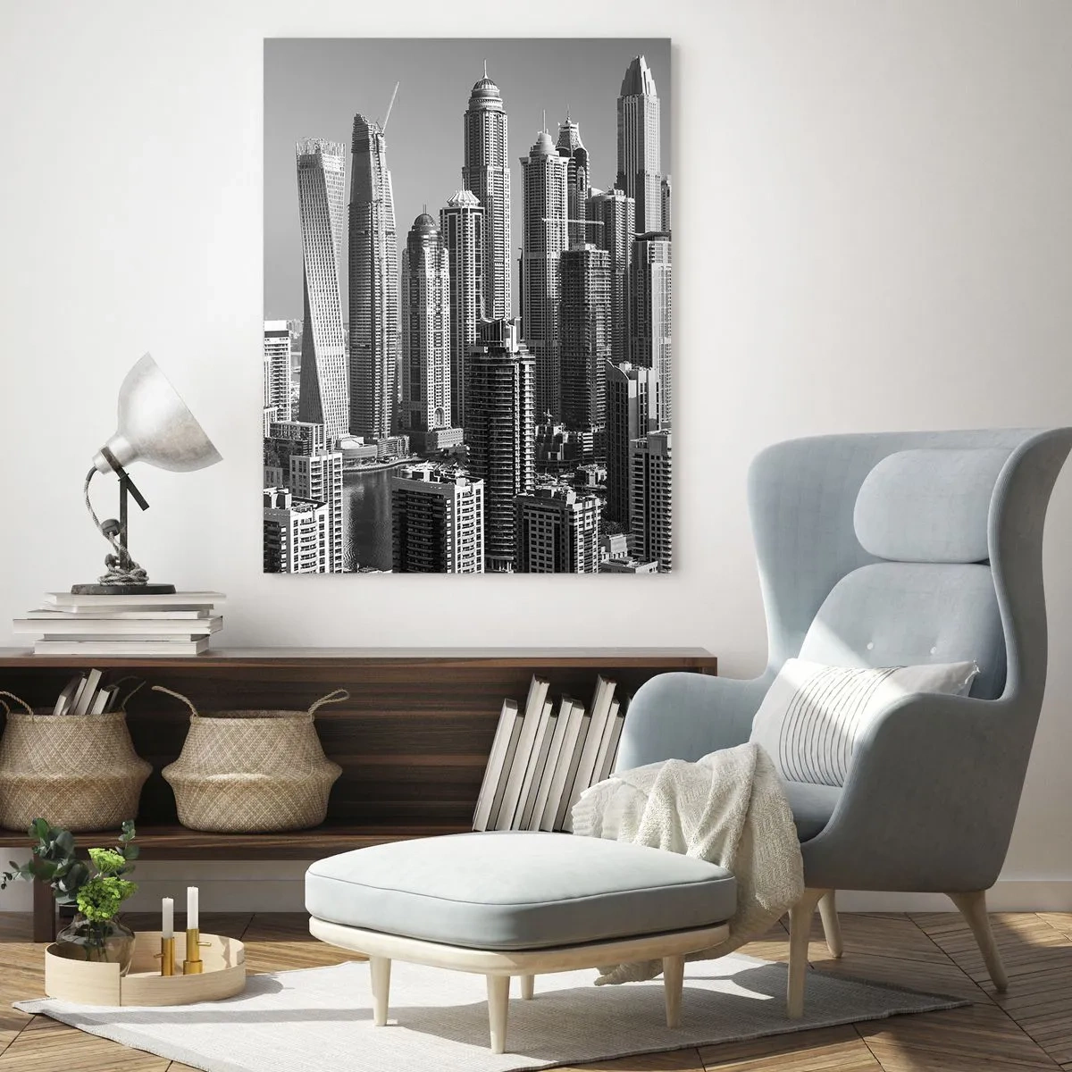 Obraz na szkle - Czarno-biała panorama miejskich wieżowców - 50x70cm - Miasto nad pustynią - Nowoczesna dekoracja ścienna do salonu, kuchni i sypialni ARTTOR