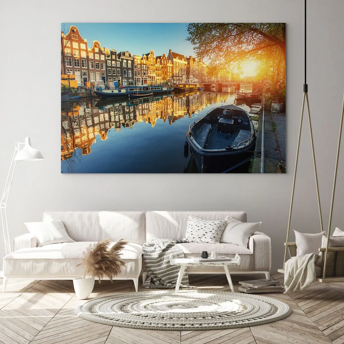 Obraz na szkle - Kanał w Amsterdamie o zachodzie słońca - 100x70cm - Poranek w Amsterdamie - Nowoczesna dekoracja ścienna do salonu, kuchni i sypialni ARTTOR