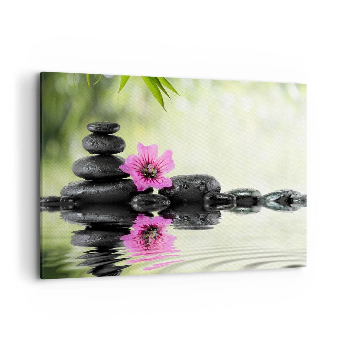 Obraz na płótnie - Kamienie Zen i różowy kwiat odbijające się w wodzie - 120x80cm - Czas dla duszy - Nowoczesna dekoracja ścienna do salonu, kuchni i sypialni ARTTOR