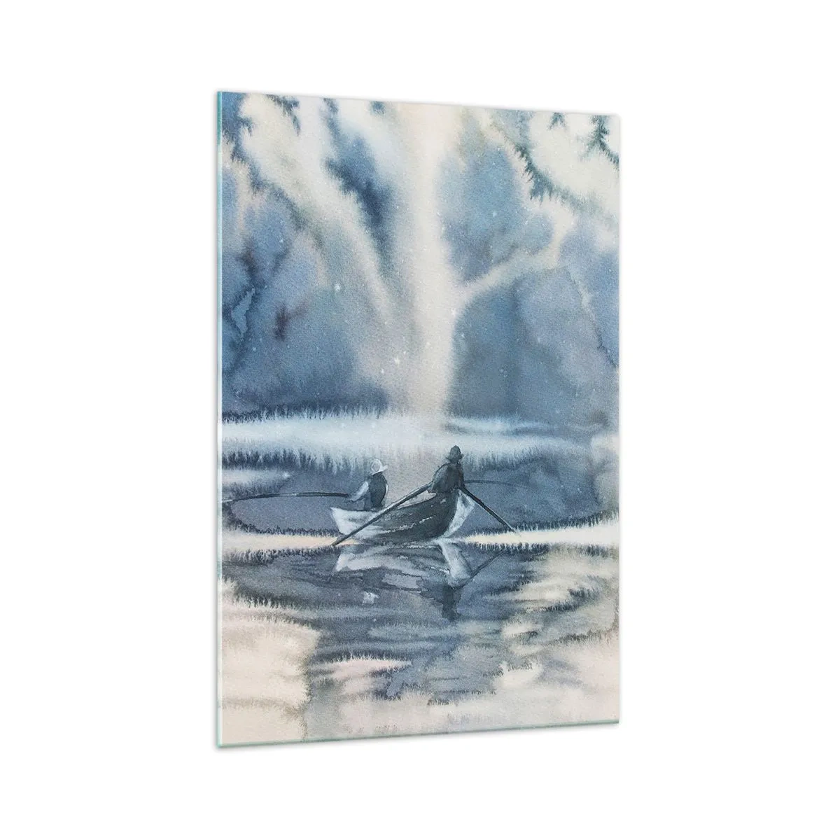 Obraz na szkle - Akwarelowy krajobraz z łodziami na jeziorze otoczonym mglistym lasem - 70x100cm - Wędkarze w swoim raju - Nowoczesna dekoracja ścienna do salonu i sypialni ARTTOR