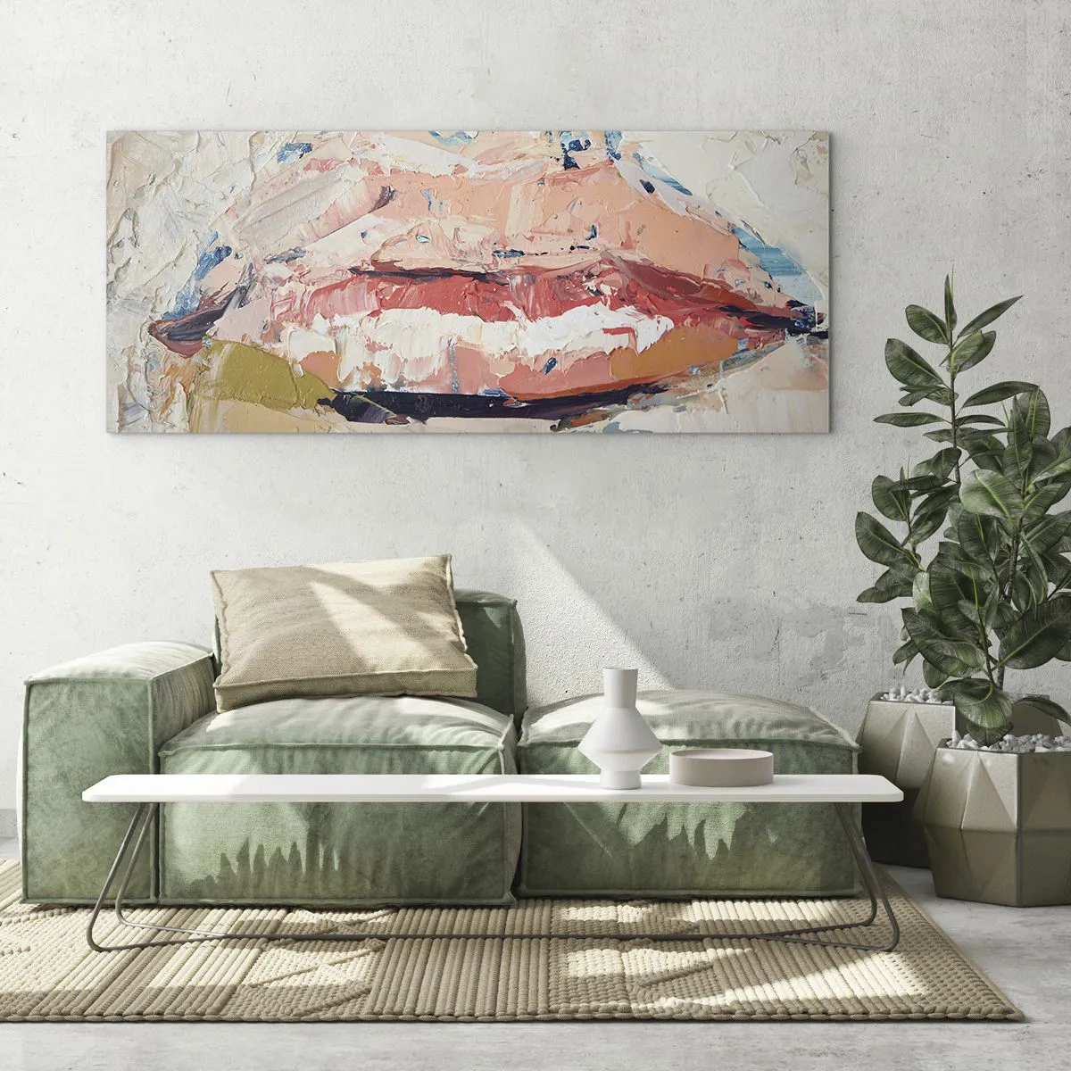 Obraz na szkle - Abstrakcyjna kompozycja przedstawiająca kobiece usta w pastelowych barwach - 160x50cm - Budzi zmysły - Nowoczesna dekoracja ścienna do salonu i sypialni ARTTOR