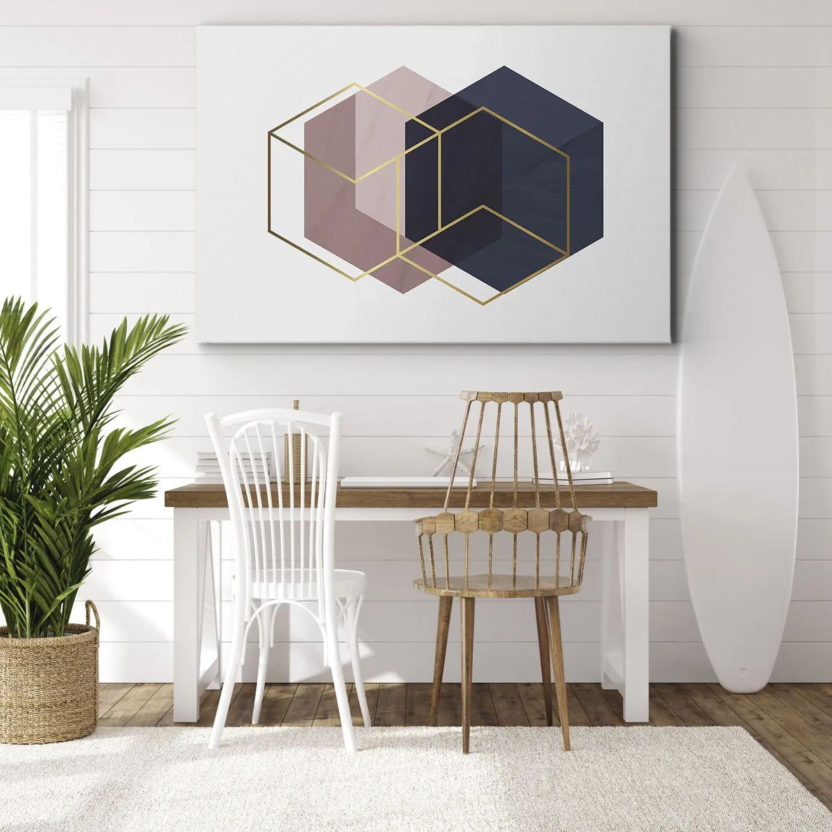 Obraz na płótnie - Geometryczne kształty w złotych liniach na tle pastelowym - 70x50cm - Siła prostoty - Nowoczesna dekoracja ścienna do salonu i sypialni ARTTOR