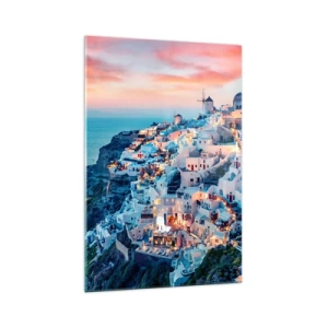 Obraz na szkle - Santorini o zachodzie słońca z białymi budynkami na wzgórzu - 70x100cm - Twoje wielkie greckie wakacje - Nowoczesna dekoracja ścienna do salonu i sypialni ARTTOR