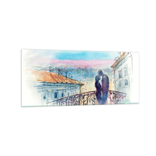 Obraz na szkle - Romantyczna para na balkonie z widokiem na miasto - 120x50cm - Paryscy kochankowie - Nowoczesna dekoracja ścienna do salonu i sypialni ARTTOR
