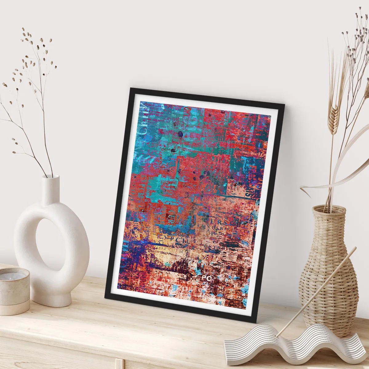 Plakat w czarnej ramie - Kolorowa abstrakcja z intensywnymi odcieniami czerwieni i błękitu - 50x70cm - Pamięć i niepamięć - Nowoczesna dekoracja ścienna do salonu i sypialni ARTTOR