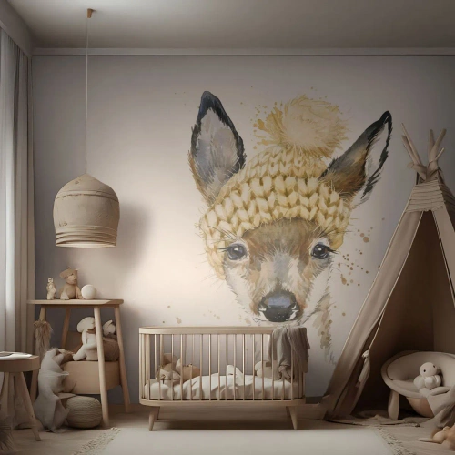 Fototapeta Premium Canvas - Na zimę w śnieżnym lesie - Dla Dzieci, Sarna, Grafika - 450x315 cm