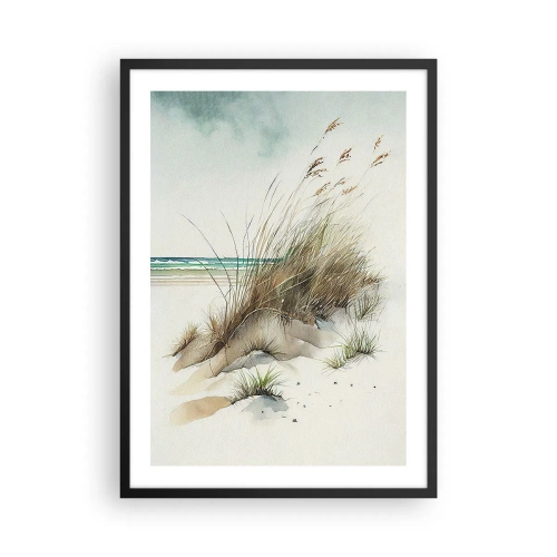 Plakat w czarnej ramie - Wydmy z trawami przy spokojnym morzu w akwarelowym stylu - 50x70cm - Otulone piaskiem - Nowoczesna dekoracja ścienna do salonu i sypialni ARTTOR
