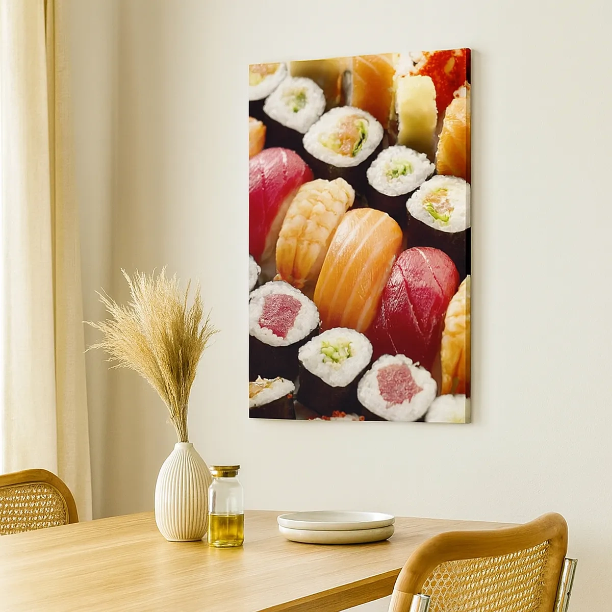 Obraz na płótnie - Kolorowa kompozycja sushi z różnorodnymi dodatkami - 50x70cm - Barwy i smaki Azji - Nowoczesna dekoracja ścienna do salonu, kuchni i sypialni ARTTOR