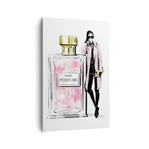 Obraz na płótnie - Flakon perfum z elegancką kobietą w różowym płaszczu - 80x120cm - Paryska zmysłowość - Nowoczesna dekoracja ścienna do salonu i sypialni ARTTOR