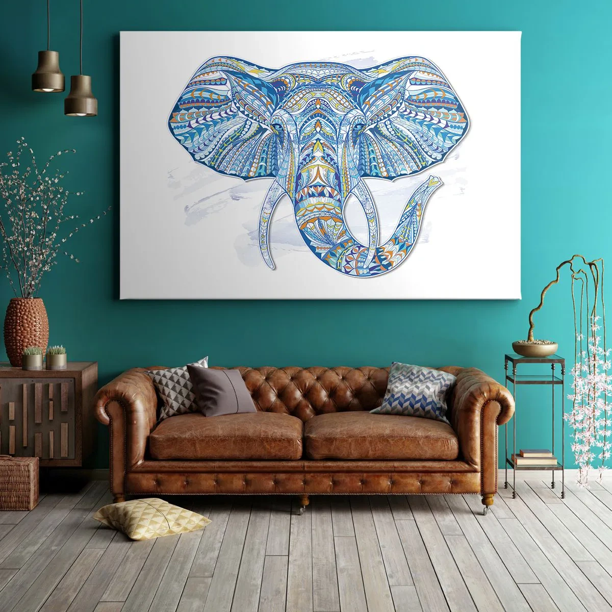 Obraz na płótnie - Geometryczny słoń w odcieniach niebieskiego i złotego - 70x50cm - Inkrustowany złotem i błękitem - Nowoczesna dekoracja ścienna do salonu i sypialni ARTTOR