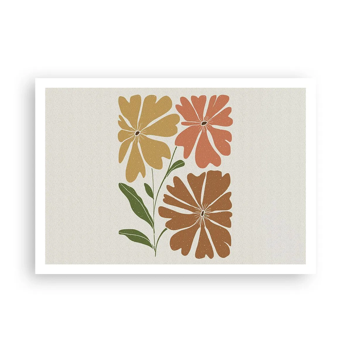 Plakat - Trzy kwiaty w ciepłych barwach na jasnym tle - 100x70cm - Natura i geometria - Nowoczesna dekoracja ścienna do salonu i sypialni ARTTOR